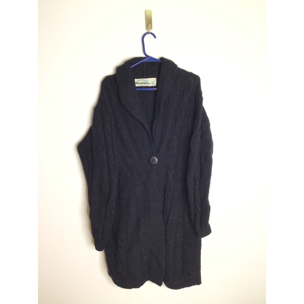 Aran Crafts Cardigan Sweater Womens L Black Excellent Merino Wool Irish Cable